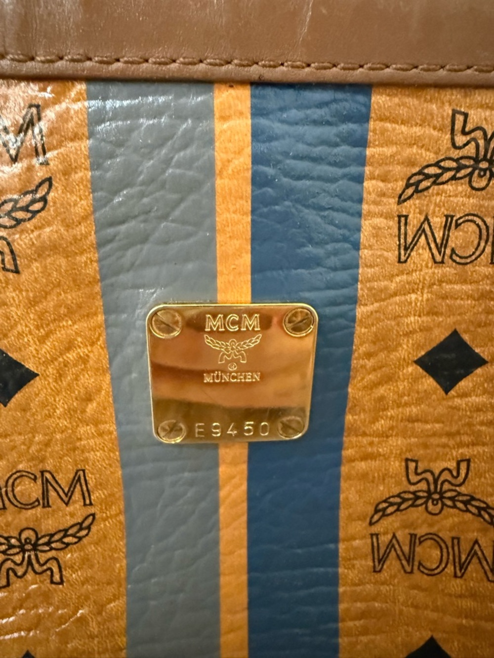 MCM Cognac Visetos Bag with Blue Stripes - Picture 2 of 15
